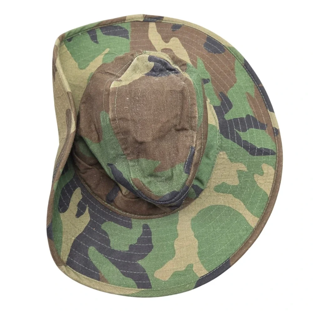 Vintage 80s Woodland Camo Boonie Hat L Green Made USA 1 Sided Snap Brim Military